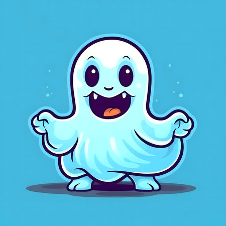 A cheerful blue ghost cartoon character perfect for Halloween.の写真素材