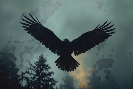 A powerful eagle in flight, silhouetted against a misty forest. Dramatic and mysterious.の写真素材