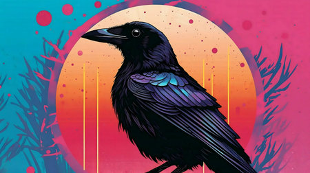 A vibrant digital painting of a raven against a colorful sunset backdrop.の写真素材