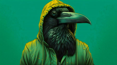 A striking digital painting of a raven wearing a green hoodie.の写真素材
