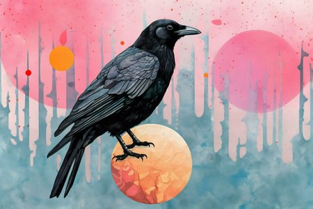 Surreal painting of a raven on a celestial body. Pink, blue, orange hues.の写真素材