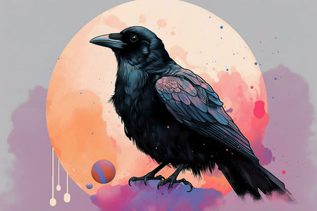 A digital painting of a majestic raven perched against a vibrant, abstract moon. Dark, mysterious, and artistic.の写真素材