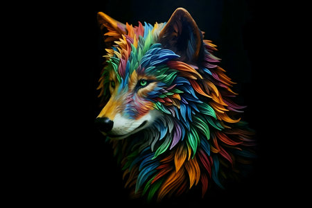 A stunning colorful wolf sculpture against a black background. The vibrant hues and detailed work create a captivating image.の写真素材
