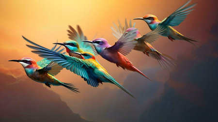 Five vibrant bee-eaters soar against a breathtaking sunset. A symphony of colors.