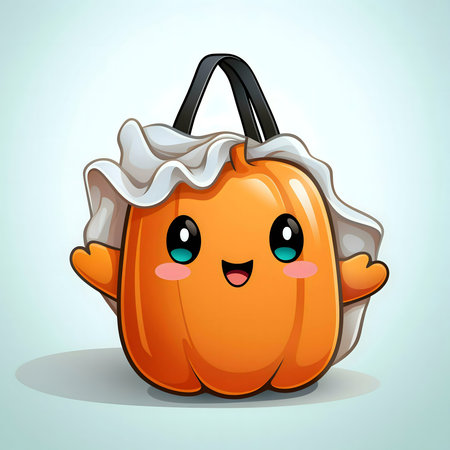 A cute cartoon pumpkin with a bag for Halloween treats.の写真素材