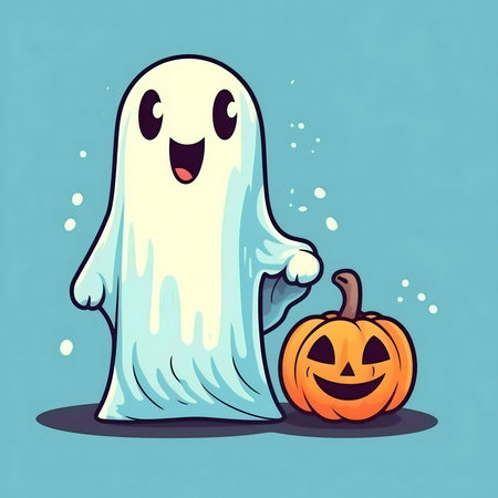Cute Halloween illustration featuring a friendly ghost and a smiling pumpkin.の写真素材