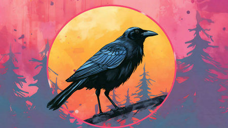 A digital painting of a raven perched on a branch at sunset. The artwork features vibrant colors and...