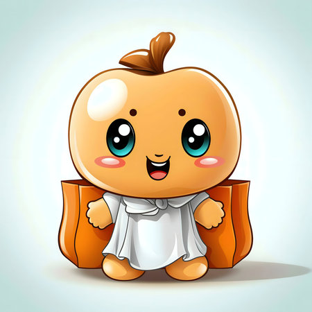 A charming illustration of a cute pumpkin character dressed in a ghost costume for Halloween.の写真素材