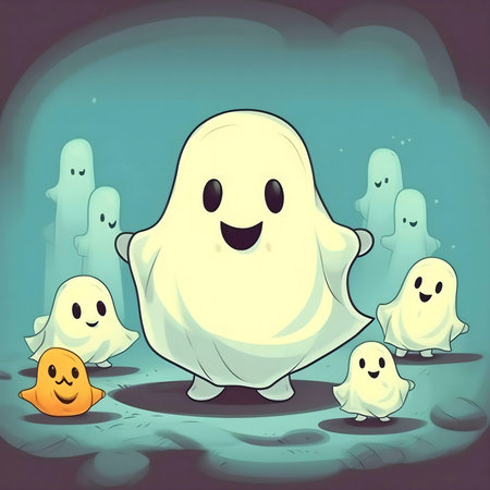 Cute cartoon ghosts in a Halloween scene. Happy, playful, and adorable.の写真素材