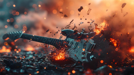 A fiery electric guitar engulfed in flames, musical notes scattering. Intense, dramatic artwork.の写真素材
