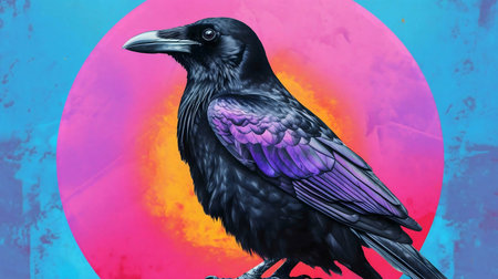 A striking illustration of a raven against a bold, colorful backdrop.の写真素材