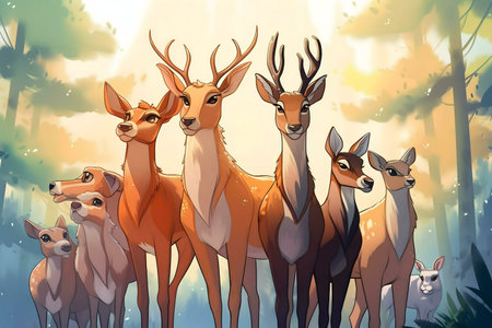 A captivating illustration of a deer family in a sun-dappled forest.の写真素材