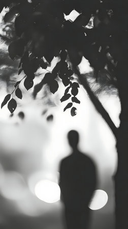 A blurred silhouette of a person stands behind tree branches. Black and white photography creates a mysterious mood.の写真素材