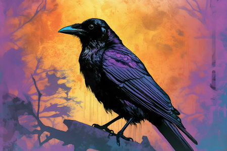 A digital painting of a raven perched on a branch, silhouetted against a vibrant sunset and moon.の写真素材