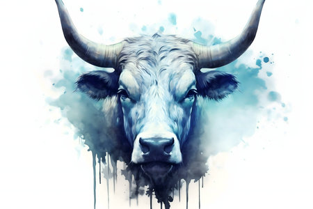 A stunning watercolor portrait of a majestic bull's head. The artwork showcases strength and elegance.の写真素材