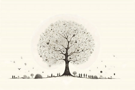 A grayscale artwork depicting a majestic tree surrounded by small figures and floating objects, creating a serene atmosphere.の写真素材