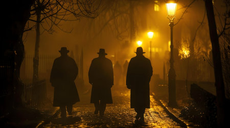 Three shadowy figures walk down a foggy street at night, illuminated by gas lamps.の写真素材