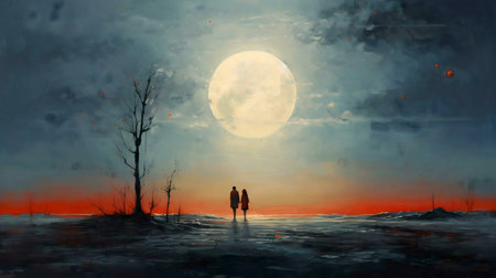 A digital painting of a couple silhouetted against a large moon and a red horizon.の写真素材