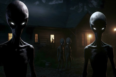 Gray aliens stand before a dark cabin at night. Mysterious and suspenseful.