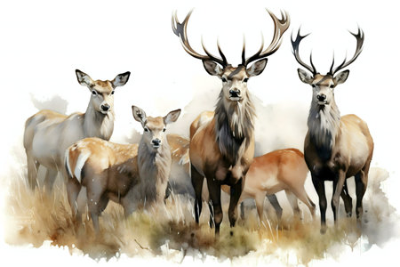 Watercolor painting of a red deer family.の写真素材