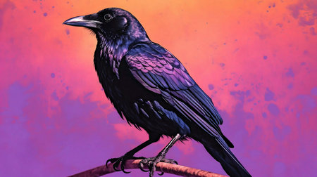 A digital painting of a raven perched on a branch against a vibrant sunset sky.の写真素材