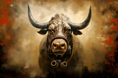 A stunning digital painting of a bull, showing its power and majesty. The artwork is vibrant and detailedの写真素材