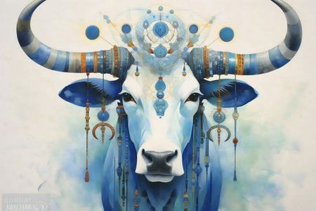 A majestic blue bull, adorned with intricate jewels and celestial symbols. A captivating piece of artwork.の写真素材