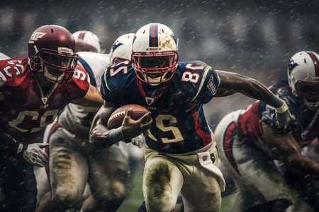 American football player running with the ball during a match. Intense action, rainy weather, and the excitement of the game.の写真素材