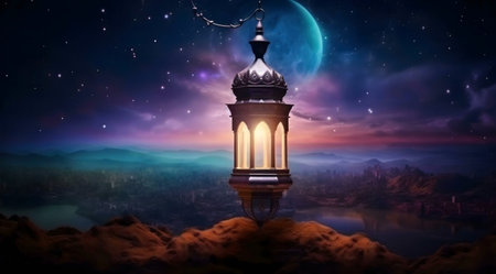 A glowing lantern hangs against a backdrop of a vibrant night sky, a fantasy city, and a large moon.