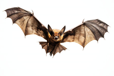 Close-up of a bat in flight. The bat's wings are spread wide, and its fur is a rich brown. The image is set against a stark white backdrop.の写真素材