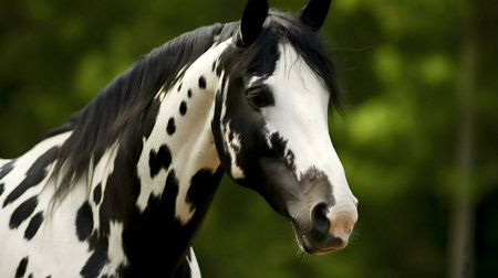 Close-up portrait of a beautiful pinto horse against a verdant backdrop.の写真素材