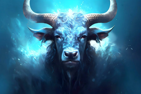 Digital artwork depicting a majestic, blue bull, a mythical creature. It showcases power and mystery.の写真素材