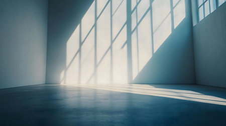 Sunlight streams through a large window, casting dramatic shadows across a minimalist interior...