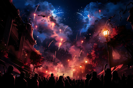 Vibrant fireworks illuminate a city at night. A large crowd celebrates.の写真素材