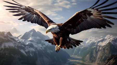 A majestic eagle in flight over a snow-capped mountain range.