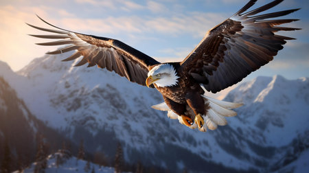 A bald eagle in flight over a snow-covered mountain range.