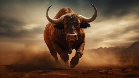 A powerful bull charges across a dusty desert landscape under a dramatic sky.の写真素材