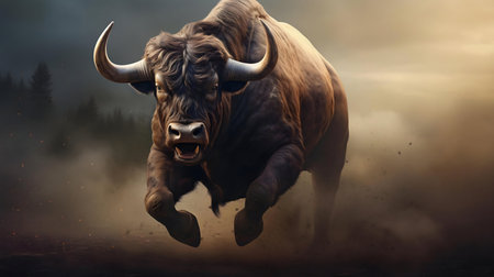 A powerful Highland bull charges through a dusty landscape. Its horns and intensity create a stunning image of raw nature's power.の写真素材