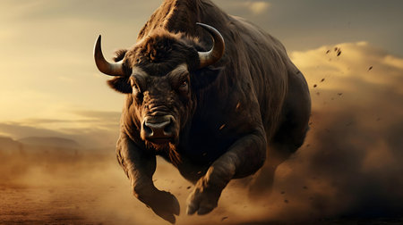 A powerful bull charges across a desert landscape during a vibrant sunset.