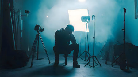 A lone filmmaker sits pensively amidst studio lights and equipment.の写真素材