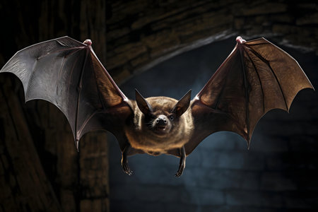 A stunning close-up of a brown bat in flight, its wings spread wide against a dark background.