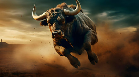 A powerful bull charges across a dusty landscape at sunset. Dramatic sky.の写真素材