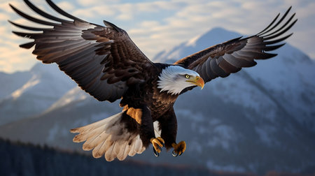 A majestic bald eagle in flight, soaring above a snow-capped mountain range. A stunning display of...