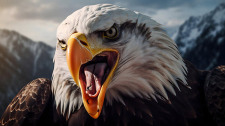 Close-up of a bald eagle screaming, mountains in background.の写真素材
