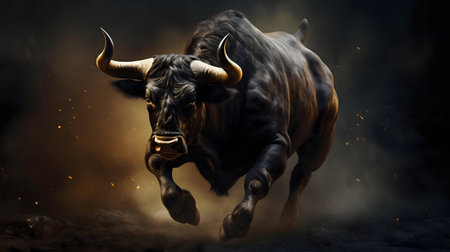 A powerful black bull charges through the dark, dust swirling around it.の写真素材