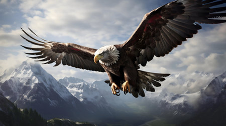 A majestic bald eagle in flight over a snow-capped mountain range.の写真素材