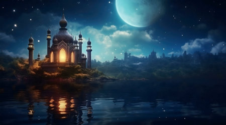 A glowing palace sits on a calm lake, reflecting the moonlight and stars. A fantasy landscape.の写真素材