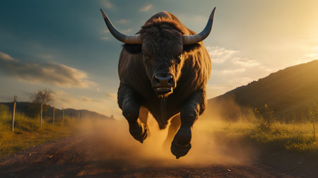 A powerful bull charges across a dusty road at sunset. Majestic, fierce, and breathtaking.の写真素材