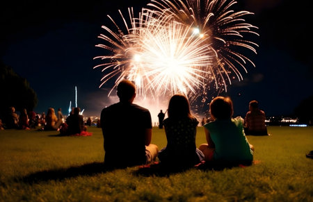Family watching fireworks at night.