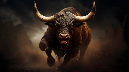 A powerful bull charges forward, showing raw strength and untamed energy.の写真素材